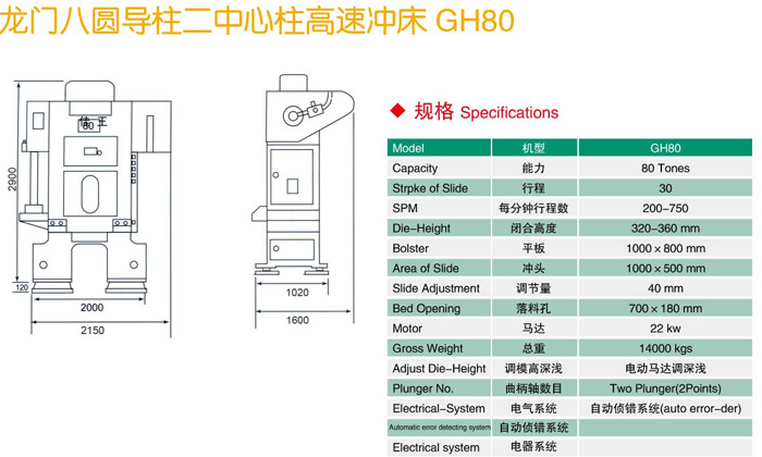 H型八圓導(dǎo)柱高速?zèng)_床(GH80)參數(shù)